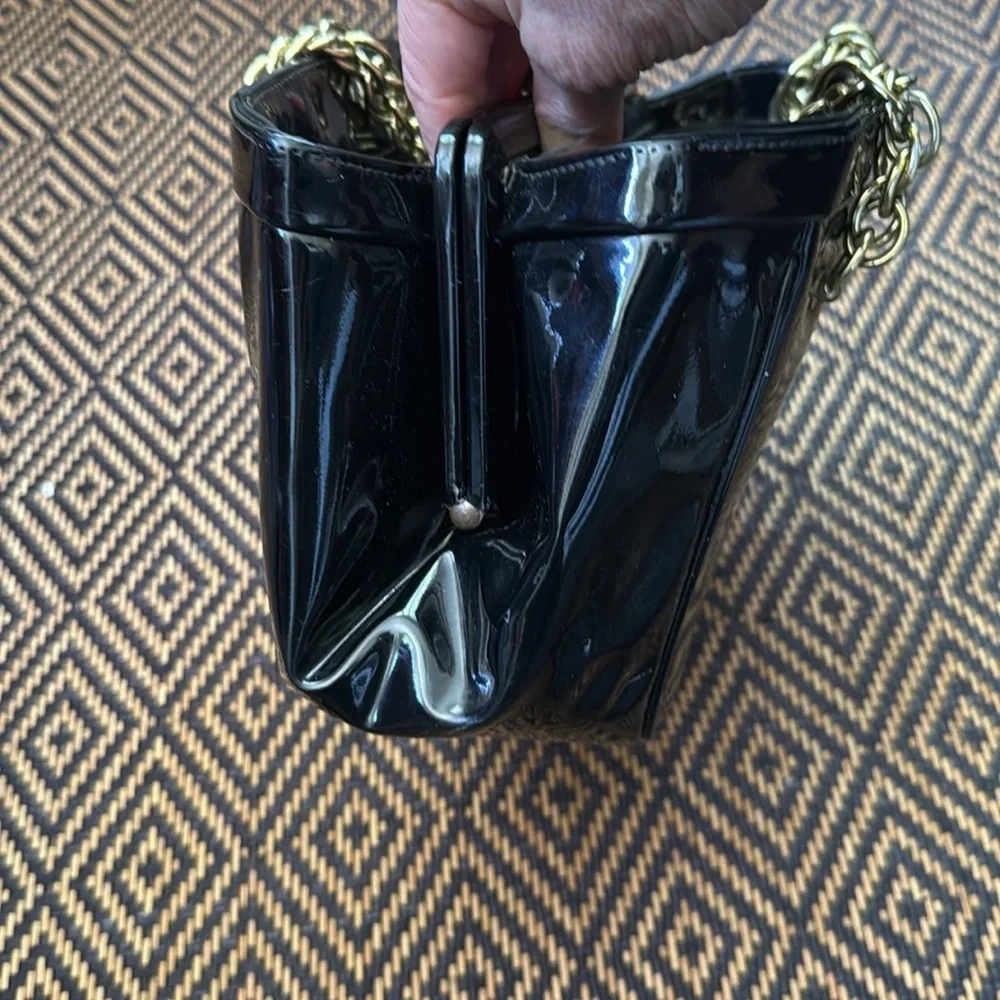 Vintage MEYERS Black Patent Leather Handbag with gold chain handles & clasp